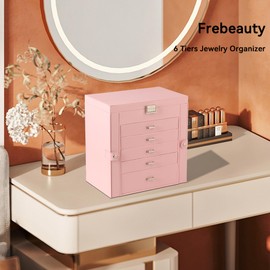 Frebeauty Large Jewelry Box,6-Tier PU Leather Jewelry Organizer,Multi-functional Storage Case with Mirror,Accessories Holder with 5 Drawers for Necklace Bracelets Watches(Pink)