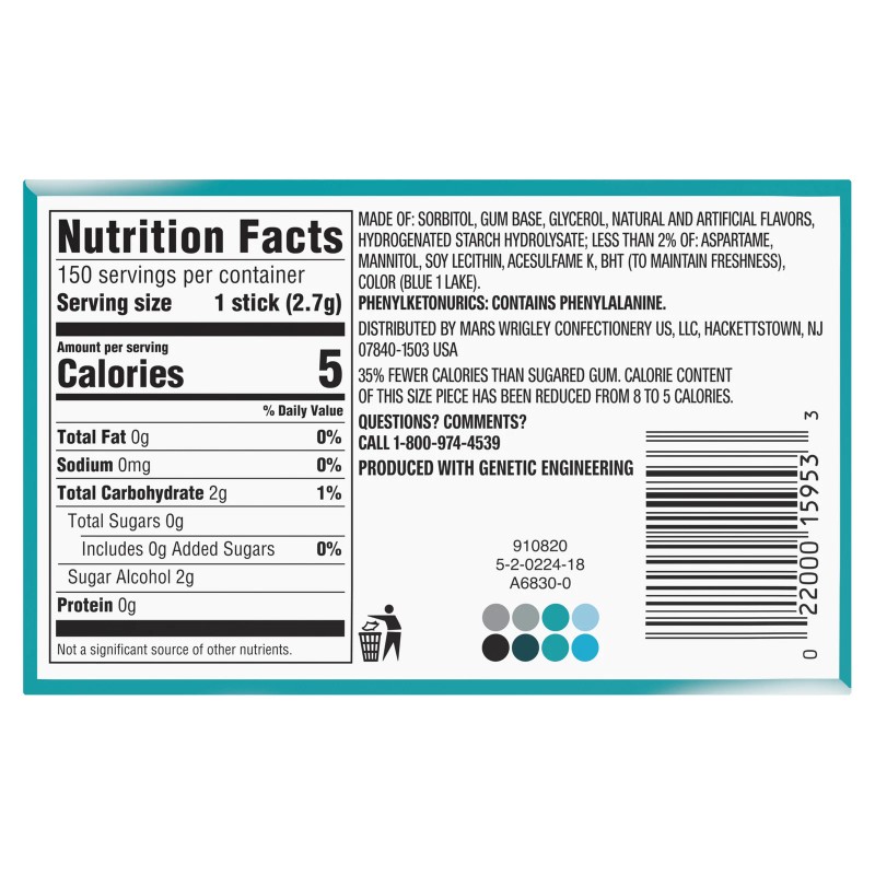 Extra Sugar Free Gum, Polar Ice Chewing Gum, 15 Sticks,