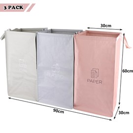 ASelected 3 Packs Recycling Bags, Pink,Green,Gray With Handle, Velcro Separate Sorting Organizer Woven Waste Bins Bag Waterproof for Kitchen Home Office Heavy Duty Reusable Storage,Easy Clean