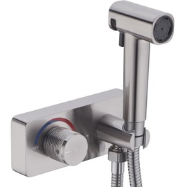 HOMYEP Brass Handheld Toilet Bidet Sprayer Attachment with Spray-Holding Jet, Bathroom Vanity Mount Bidet Faucet with Hot and Cold Water, 4-Inch Center-Set RV Shower Valve, Brushed Nickel