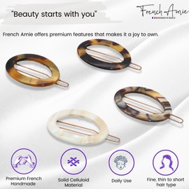 French Amie Oval Hoop Small 1 1/2” Ivory Celluloid Handmade Snap Hair Clips for Women Tige Boule Clasp Side Slide-in Barrette Clip Hair Accessories for Girl - 2 Pieces