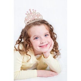 Norbiariz Pink Birthday Tiara With Crystal Decorations Happy Birthday Tiara Party Supplies Gold Sparkly Hair Styling Accessories Prom Headbands Crown Gifts For Kids Girls Teens with comb