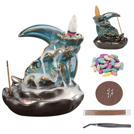 Zayookey Ceramic Backflow Incense Burner Moon Incense Holder with Incense Stick and Backflow Incense Cones Incense Fountain for Home Decor Aromatherapy Spa Office Yoga (A)