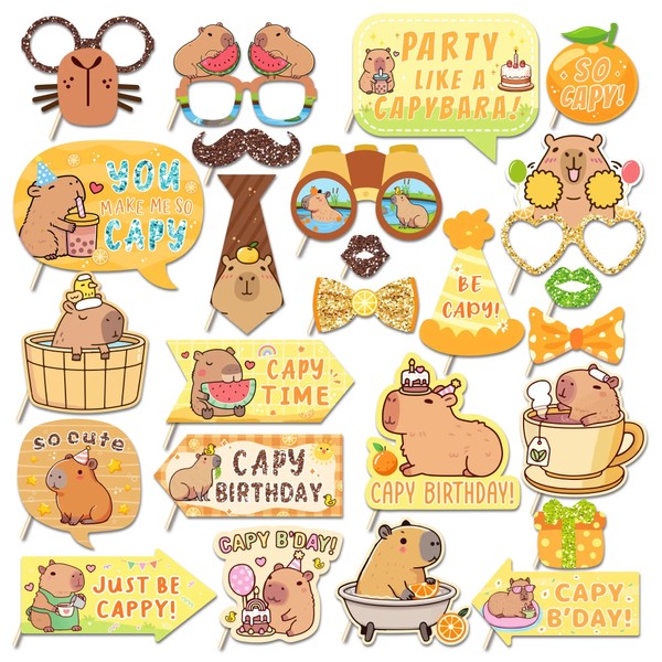 25Pcs Capybara Photo Booth Props with Stick, Birthday Theme Selfie