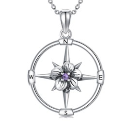 PROESS Violet February Birth Month Flower Necklace 925 Sterling Silver Compass Birthstone Pendant Necklace Jewelry for Women Her