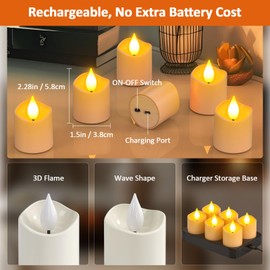 Yme Rechargeable Tea Lights Candles with Charger Storage Base, 6 Pack Battery Operated LED Flameless Votive Candles with Remote Timer for General Room Home Lantern Weddings Emergency Party Decor