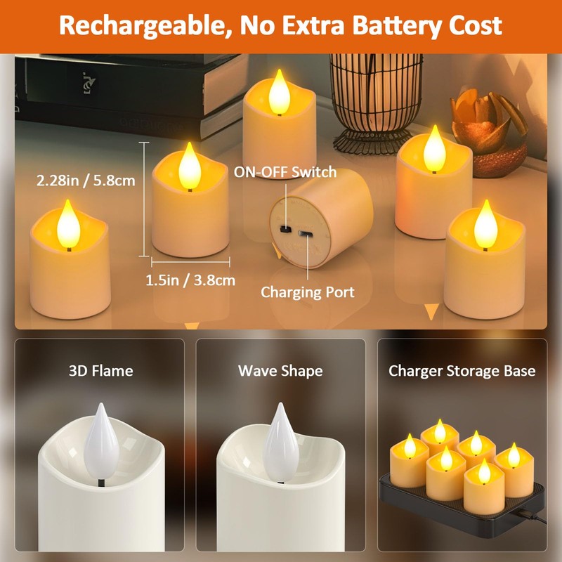 Yme Rechargeable Tea Lights Candles with Charger Storage Base, 6