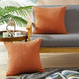 CaliTime Throw Pillow Covers Pack of 2 Comfy Corduroy Corn Striped Waffle Decorative Cushion Cases for Couch Sofa Bed Farmhouse 24 X 24 Inches Burnt Orange