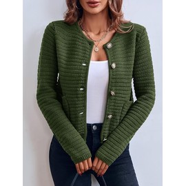 Saodimallsu Women's Short Cardigan Long Sleeve Cardigan Crew Neck Button Down Knitted Vest Vintage Costume Jacket Elegant Top with Pockets, Green