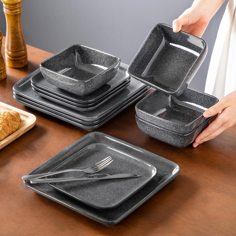 vancasso Stern Gray Dinner Set Square Reactive Glaze Tableware 12