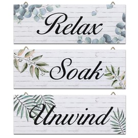 Relax Soak Unwind Wooden Sign：3 Link Bathroom Decor Sign Rustic Hanging Wall Sign - Green Wooden Leaf Bathroom Accessories for Bathroom Living Room Farmhouse Decor