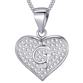 MASADA 925 Silver Heart Letter Necklace - Initial Pendant with Cubic Zirconia Stones - 46 cm Chain, with Velvet Bag