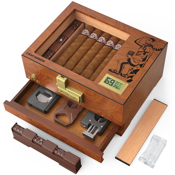 XIFEI Cigar Humidor Box, Cedar Wood Desktop Cigar Case with