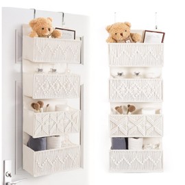 ANTIS'S HOME Nursery Over The Door Organizer Boho Decor Nursery Storage with 4 Large Woven Pockets, Macrame Nursery Organizers and Toys Storage, Behind Door for Bathroom, Bedroom