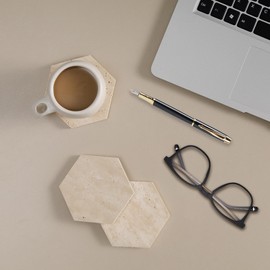 YONGHEE Travertine Coasters Set of 6 with Gold Holder, Hexagonal Rustic Beige Marble Drink Coasters for Coffee Table Decor, Porous Stone Absorbent Coaster for Drinks, Velvet Backed
