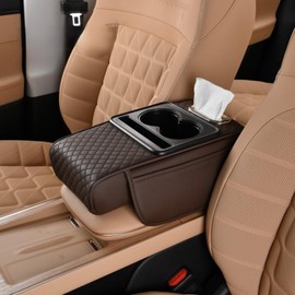 TNDCKP Car Center Console Pad Leather Armrest Pad w/Cup Holder, Tissue Box Slot, Side Bag, Phone Slot for Car Sedans (Embossed, Coffee)