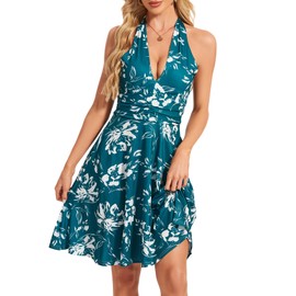 CVCPP Women's Sexy Floral Print Sundress Halter V Neck Tie Back Sleeveless Ruffle Mini Short Summer Beach Dresses Cd02-05-L