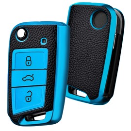 OATSBASF OATSBASF Car Key Cover for VW Golf 7 Key Box/Key Case Cover for VW, Polo, Skoda, Seat, 3 Buttons Q-Blue Leather