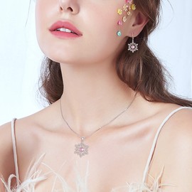 Clearine Vintage Cubic Zirconia Winter Snowflake Statement Pendant Necklace Leverback Dangle Pierced Earrings Costume Jewellery Set Pink Gem