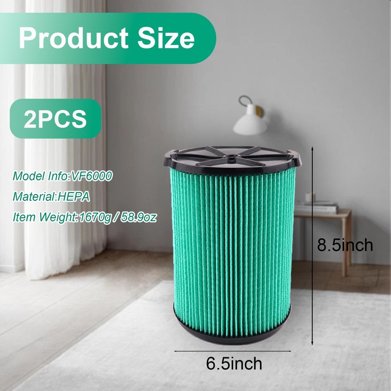 VF6000 HEPA Filter 2-Pack Compatible with Ridgid 5-20 Gallon Vacuums