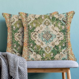 BETGINY Boho Pillow Covers 22x22, Olive Green Ethnic Design Outdoor Decorative Throw Pillows for Couch, Carpet Pattern Decor Cushion Cover 2 Pcs Farmhouse Linen Pillowcase for Bed Car Safa