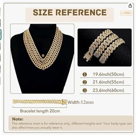 12 MM Cuban Link Chain Iced Out for Men, 50/55/60cm Men's Cuban Link Chain Gold Silver Miami Cuban Link Choker Necklace Bracelet, Unisex Hip Hop Jewelry Gift for Father's Day (Gold, 60)