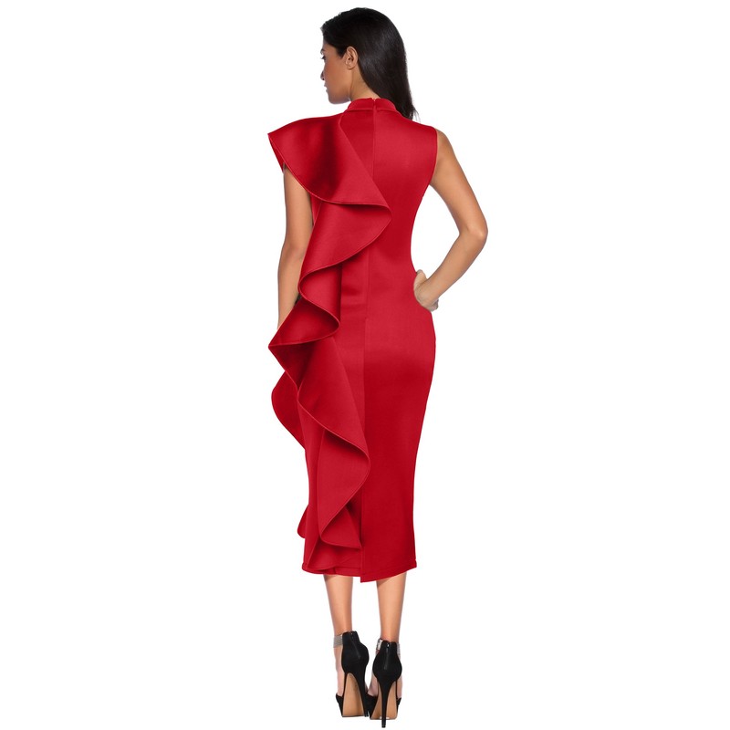 High Neck Dress with Ruffle for Formal Event Midi Celebration