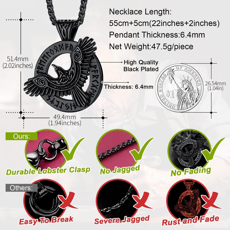 Retro Viking Necklace Mens Raven Pendant Neck Chains for Female