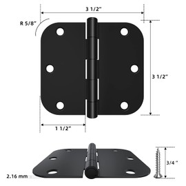 24 Pack Matte Black Door Hinges 3.5 x 3.5 Inch, Interior 3 1/2 Inch Door Hinges Rounded with 5/8 Radius
