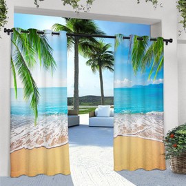 ANHOPE Outdoor Curtains Grommet Top Waterproof Window Drapes Tropical Hawaii Palm Tree Beach Ocean Print Pattern Outside Privacy Curtains for Patio Pergola Gazebo Cabana Porch 2 Panels 60 x 120 Inch