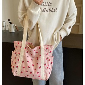 Cute Strawberry Shoulder Tote Bag Women 2025 Corduroy Book Handbag Square Purse Multiple Pockets College