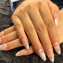 AKA Unicorn Handmade Press On Nails Short Almond,Nude Pink Acrylic Nails,Luxury Nail Press On with Charm Pearl Design for Wedding&Party Wear-True Love Design Concept