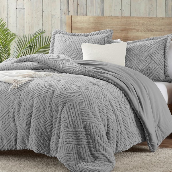 Homelike Moment Fleece Comforter Set King Grey, 3 Pieces Soft