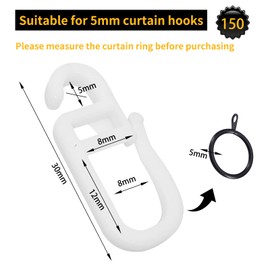 Pack of 150 Clip Hooks with 6 mm Eyelet, Curtain Hooks, Curtain Accessories, Transparent Folding Hooks, for Rails, Over Clip Hooks, Curtain Poles and Curtain Poles (White)