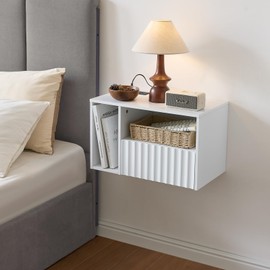 BuildHom Modern Matte White Fluted Floating Nightstand with Charging Station, NightStand with Drawers, Bedside with USB Ports and Outlets, Bedroom Furniture(Left)