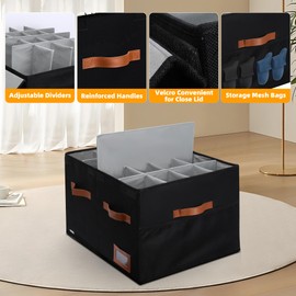 Supowin Shoe Organizer for Closet, Foldable Shoe Storage Bins with Lid & Adjustable Dividers, Fabric Shoe Box Storage Containers with Four Reinforced Handles, Fits 16 Pairs, 1 Pack, Black