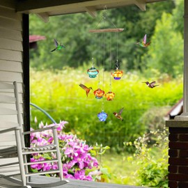 Hummingbird Feeder for Outdoors Hanging, Hand Blown Glass, with 2 Feeding Ports Up & Down- Wind Chimes Shaped Hummingbird Feeders for Viewing, Ant and Bee Proof, Window Bird feeders for Garden Decor