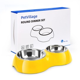 PetVillage Elevated Dog Bowls Set - Non-Slip Raised Pet Feeder with Medium (13.9 oz) & Large (29.8 oz) Stainless Steel Bowls - Includes Durable Resin Stand for Puppies, Adult Dogs & Cats - Yellow