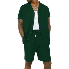 Mens Crinkle Textured Co-ord Shirt Short Set Anti Wrinkle Two Piece Breathable Top & Bottom Summer Beach, Green, L