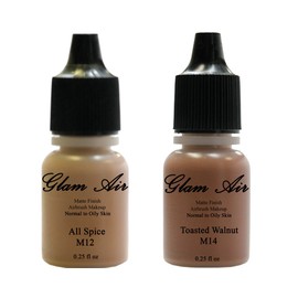 Airbrush Makeup Foundation Matte M12 All Spice and M14 Toasted Walnut Water-based Makeup Long Lasting All Day Without Smearing Running, Fading or Caking 0.25 Oz Bottle By Glam Air