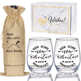 House Warming Gifts New Home, Housewarming Baskets Stemless Wine Glass & Bottle Bag Set for Newlywed Couple, Women, Friends, New Homeowner, Unique Closing Gift for Home Buyers, Clients
