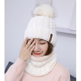 29 IYEBRAO Womens Winter Knit Pom Pom Beanie Hat Scarf Set Girls Slouchy Thick Fleece Lined Ski Hat Warm Skull Cap (White)