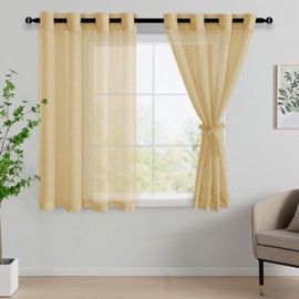 JIUZHEN Gold Short Sheer Curtains 45 inch Length - Semi Transparent Light Filtering Grommet Window Drapes for Kitchen/Bathroom, 52Wx 45L, Set of 2 with Tiebacks