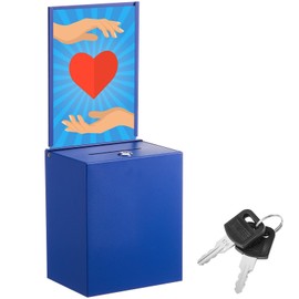 Weekgrat Metal Donation Box with Lock 6.7 x 5 x 8 Inch Safe Ballot Suggestion Box with Sign Holder and Slot Tip Jar Voting Collection Raffle Mailbox for Voting Fundraising Collection(Blue)