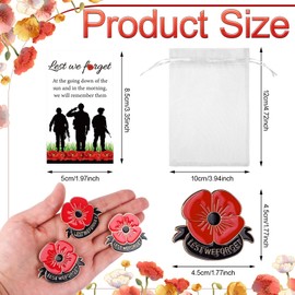 30 Set Memorial Day Poppy Pins Lapel Brooches with Lest We Forget Card Organza Bag Red Poppies Flower Apparel Badges Pin for Veterans Remembrance Day Party Favor Souvenirs Women Men Soldier (Style 2)