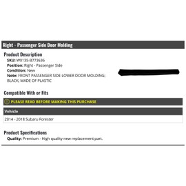 Right Passenger Side Lower Door Molding - Black - Compatible with 2014-2018 Subaru Forester