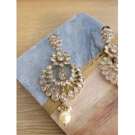 Boutique De Luxe Imara Indian Jewelry Dangle Earrings with Faux Pearls and Antique Gold for Women: Chandelier, Dangle & Statement Earrings - Perfect for Bollywood Party Wear & Weddings.