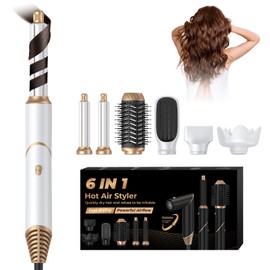 6 in 1 Hair Dryer Brush, Foldable Blow Dryer Brush with Wrap Curler, Detachable Air Hair Styler Curling, Drying,Volumizing, Straightening, Negative Ionic Hair Dryer with Diffuser, Hair Styling Tools