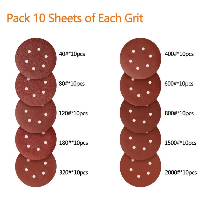 SPTA 100pcs 150mm Sanding Discs Pads, Hook and Loop 40#