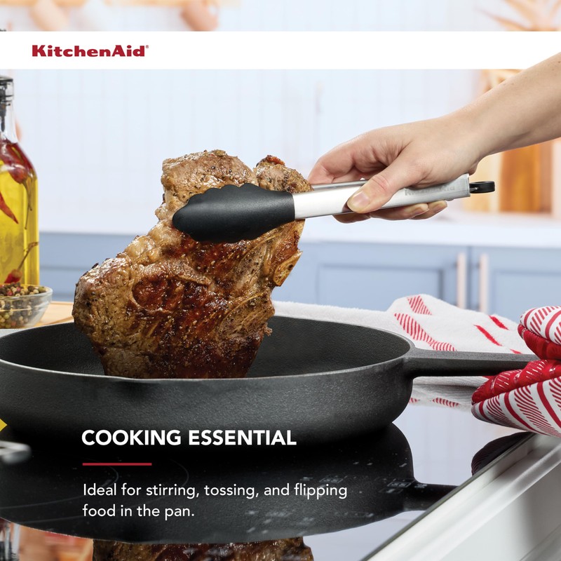 KitchenAid Silicone Tipped Stainless Steel Tongs, Black, 9 Inch